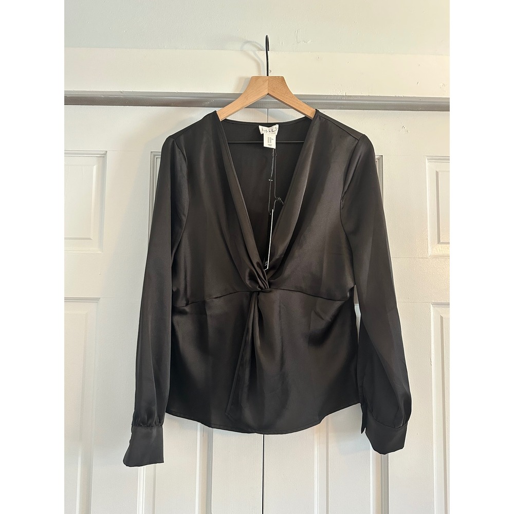 Nicole Miller New York Womens Black Satin Twist Front V-Neck‎ Blouse Top Size XL